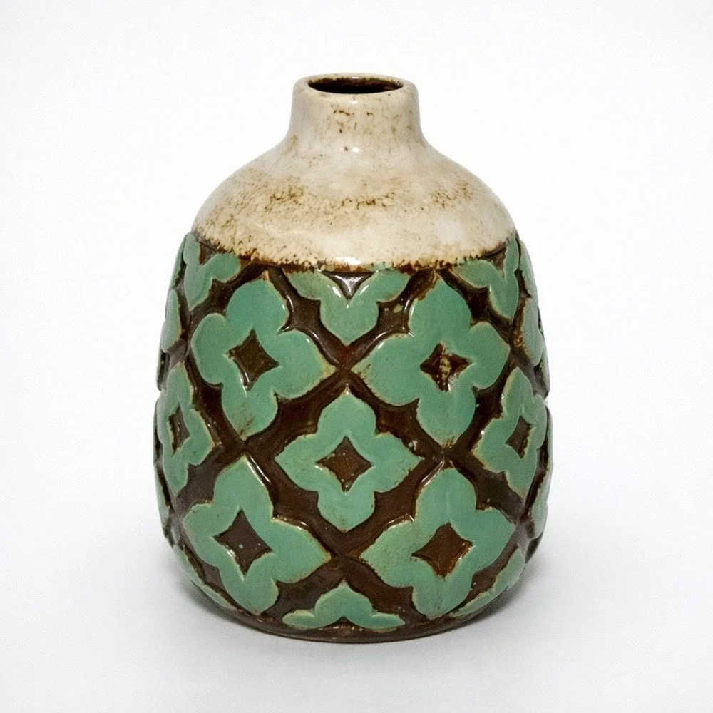 Textured Teal Brown Ceramic Bud Vase Geometric Quatrefoil Boho MCM 6.5 Inch